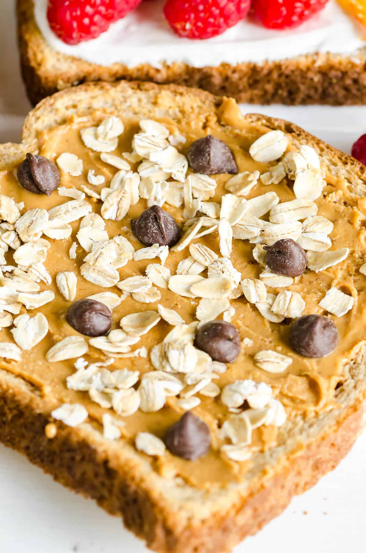 Oatmeal cookie breakfast toast, whole grain toast with peanut butter, rolled oats and chocolate chips