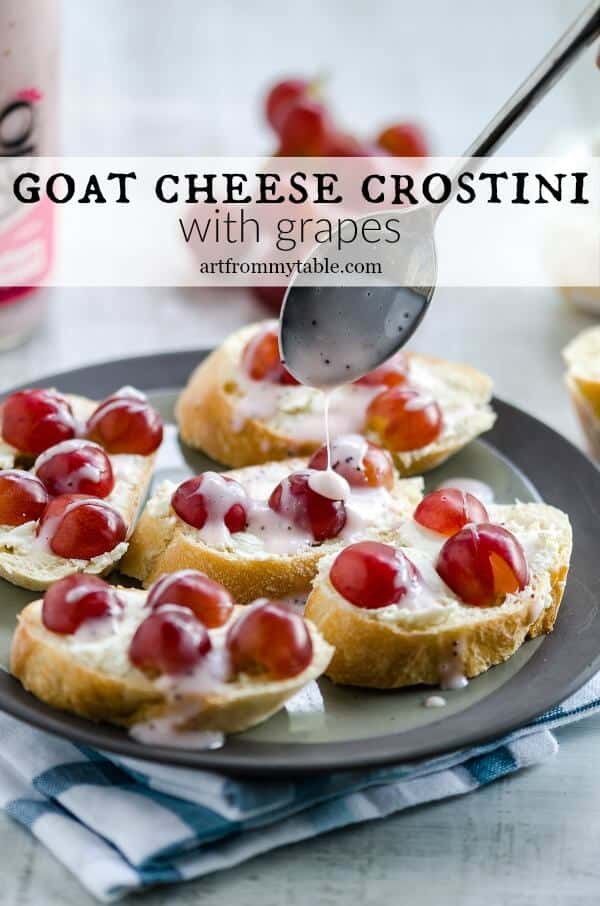 Goat cheese crostini with grapes is a great alternative to sandwiches for your lunchbox. Finish this recipe off with a drizzle of yogurt based dressing to add more protein. When's lunch? #artfrommytable #PowerYourLunchbox #goatcheese #crostini #grapecrostini #grapes #lunch  via @artfrommytable