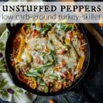 Unstuffed peppers made with ground turkey and cauliflower rice. It's so much easier to eat than stuffed peppers! This healthy recipe is low carb and made in a skillet. Yay for one pan dinners!