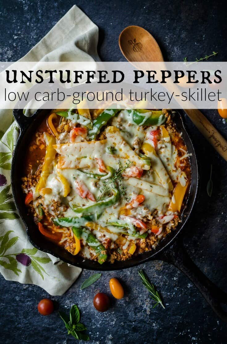 Unstuffed peppers made with ground turkey and cauliflower rice. It's so much easier to eat than stuffed peppers! This healthy recipe is low carb and made in a skillet. Yay for one pan dinners! #artfrommytable #unstuffedpeppers #deconstructedpeppers #groundturkeyskilletdinner #healthygroundturkeyskillet #groundturkeymeals #lowcarb #skilletdinner #bellpeppers #easyweeknightmeal  via @artfrommytable