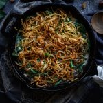 Homemade Green Bean Casserole in a cast iron skillet