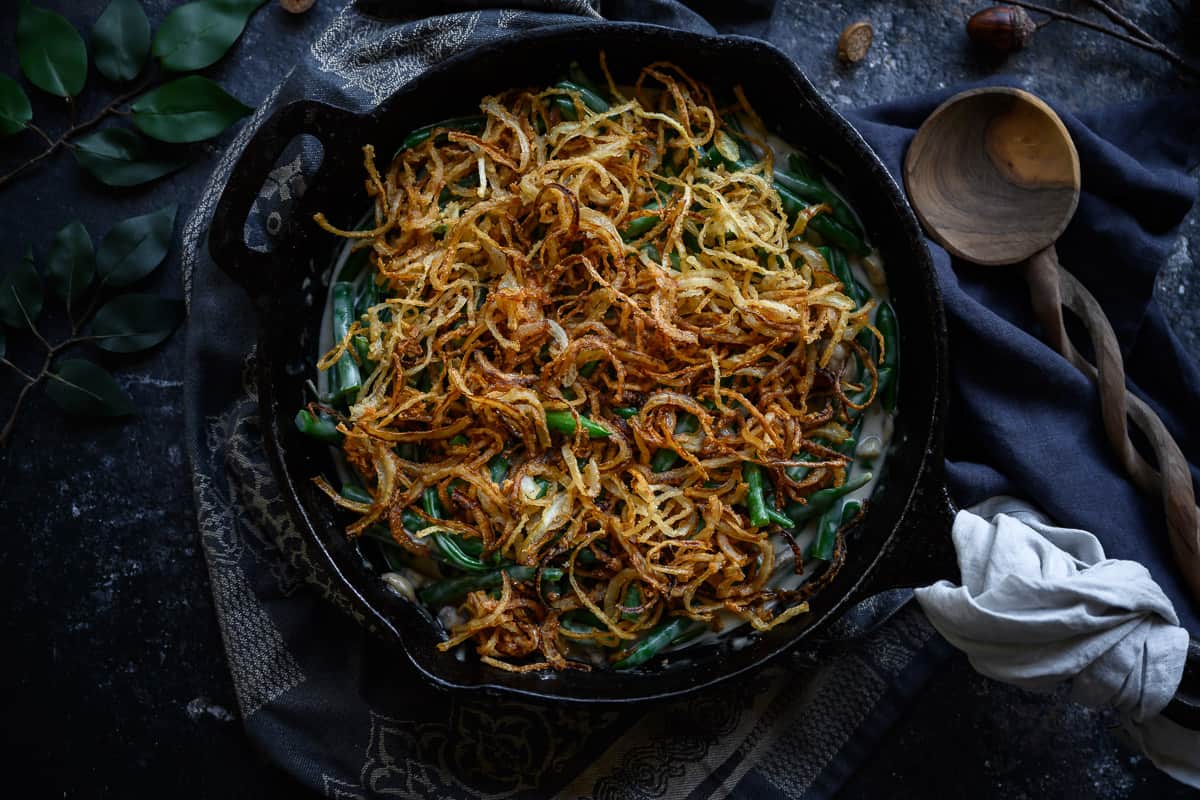 Homemade Green Bean Casserole in a cast iron skillet
