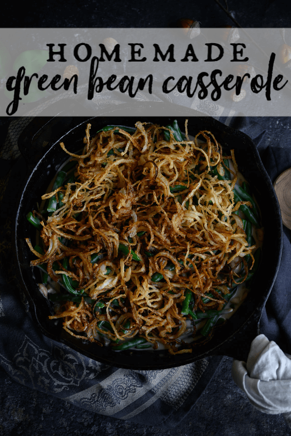 This Green Bean Casserole is made completely from scratch and is the healthiest and tastiest one you'll ever eat! Fresh green beans, fresh mushrooms, even the crispy onions are homemade. The sauce is creamy and delectable. There are no cans involved in this recipe. The result is absolutely delicious! #greenbeancasserole #thanksgivingsides #homemade via @artfrommytable