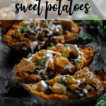 sweet potatoes stuffed with chicken enchilada filling, topped with cheese and sour cream