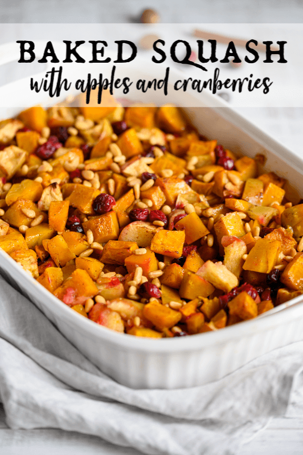 This Squash Apple Cranberry Bake dusted with cinnamon and nutmeg and baked in brown butter is the perfect holiday side dish. Tart cranberries compliment sweet squash and apples perfectly. via @artfrommytable