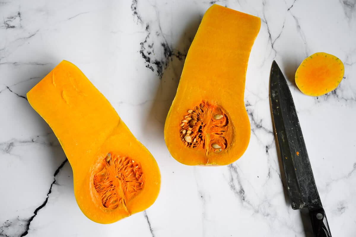 butternut squash cut in half lengthwise