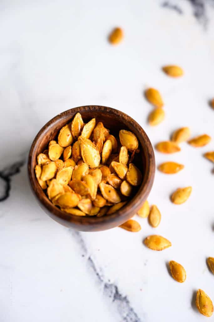 roasted squash seeds in a bowl