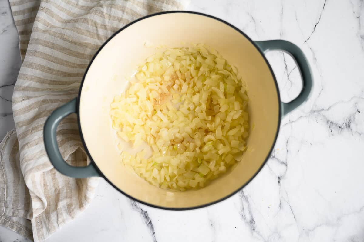 large pot with sauteed onions