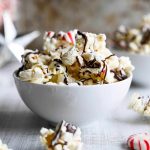 bowl of peppermint bark popcorn