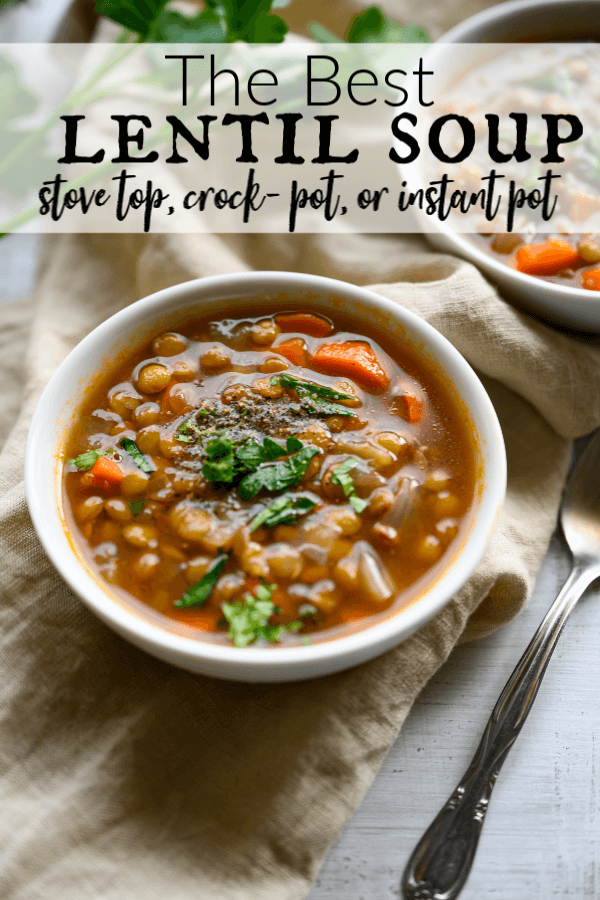Protein packed lentils and delicious vegetables, this easy lentil soup recipe is bathed in bone broth and finished with a splash of balsamic reduction. It's such a simple soup, but seriously amazing! Stovetop, Crock-pot, and Instant Pot instructions included. Makes a big batch, so perfect for meal prep and leftovers. #lentilsoup #easydinner #soup via @artfrommytable