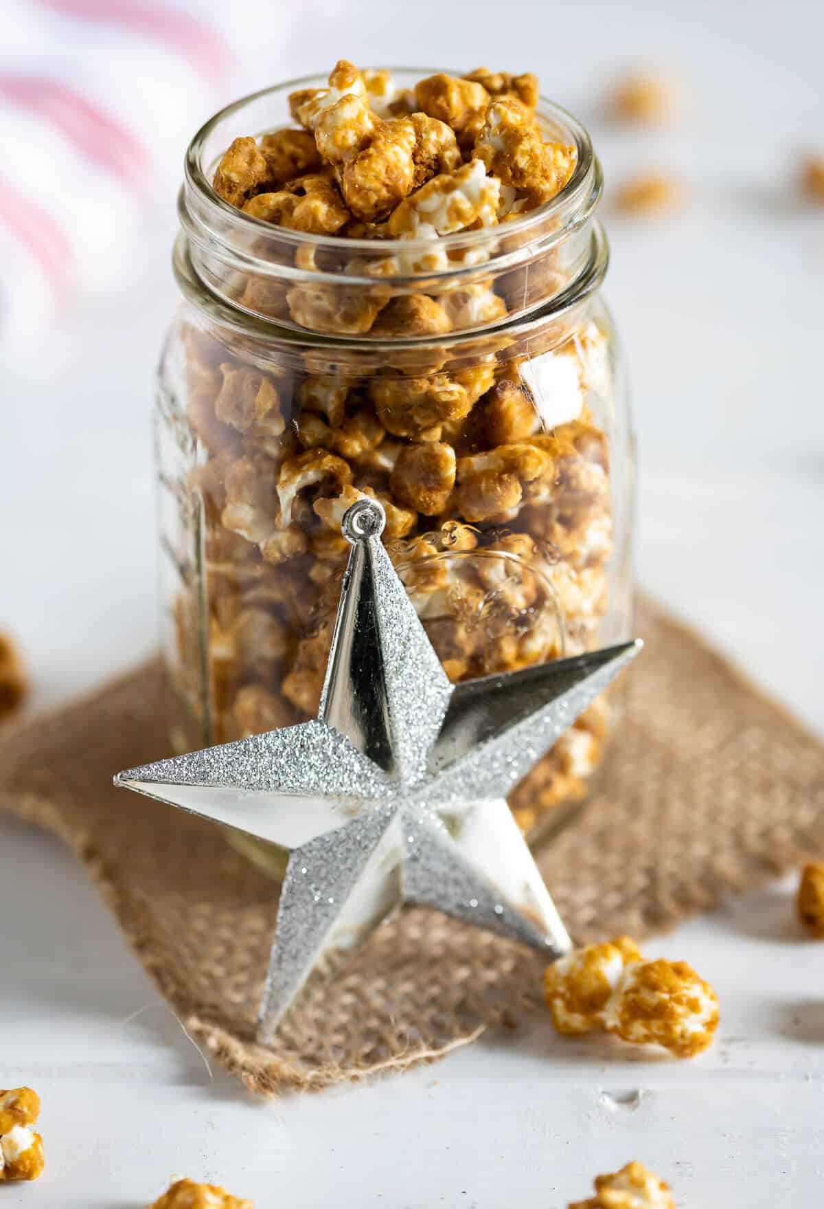 homemade caramel corn in a mason jar