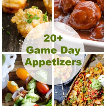 collage of 4 photos showing some game day appetizers: lobster mac and cheese bites, meatballs, salad skewers, nachos.