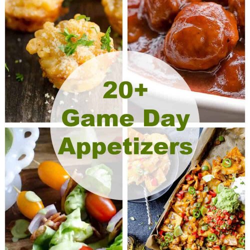 collage of 4 photos showing some game day appetizers: lobster mac and cheese bites, meatballs, salad skewers, nachos.