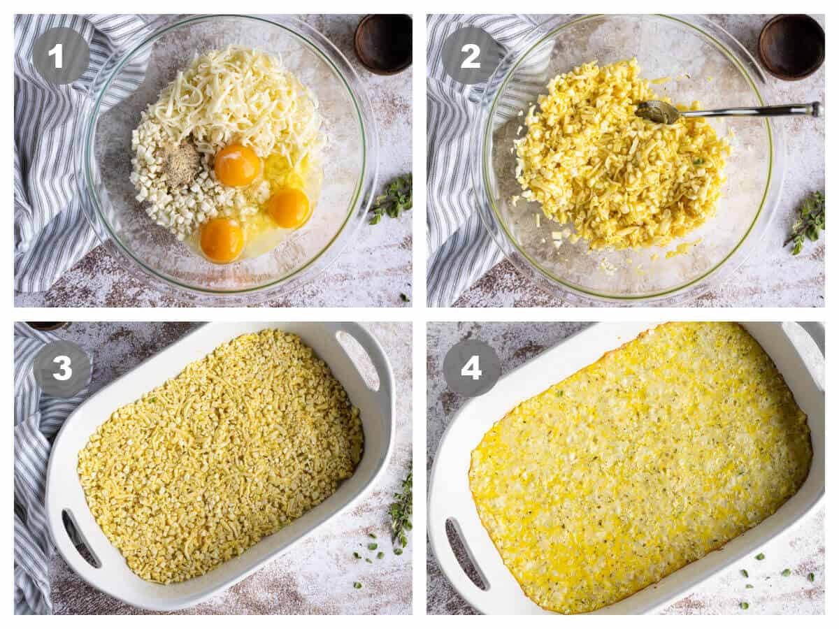 a collage of 4 photos showing how to make cauliflower crust by combining eggs, cheese, cauliflower, mixing it, spreading it in a pan and baking.