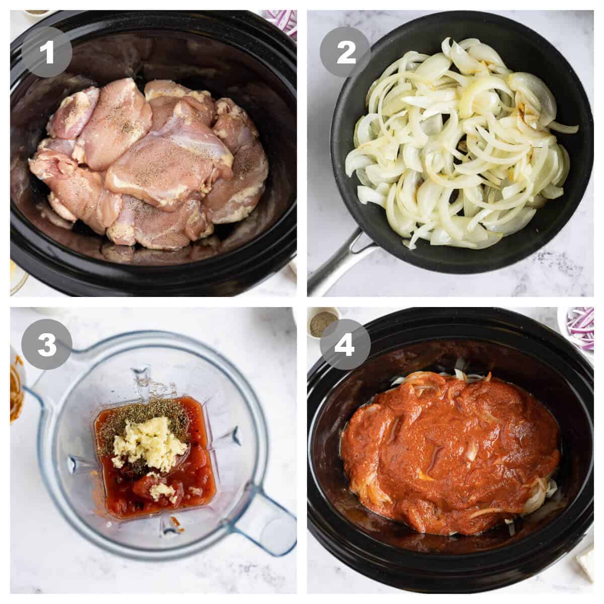 collage of 4 photos showing steps of making slow cooker chicken tinga, 1-chicken in crockpot; 2-sauteed onions; 3-tomatoes, garlic, chipotle peppers, and spices in a blender; 4-chicken in crockpot topped with sauteed onions and blended sauce