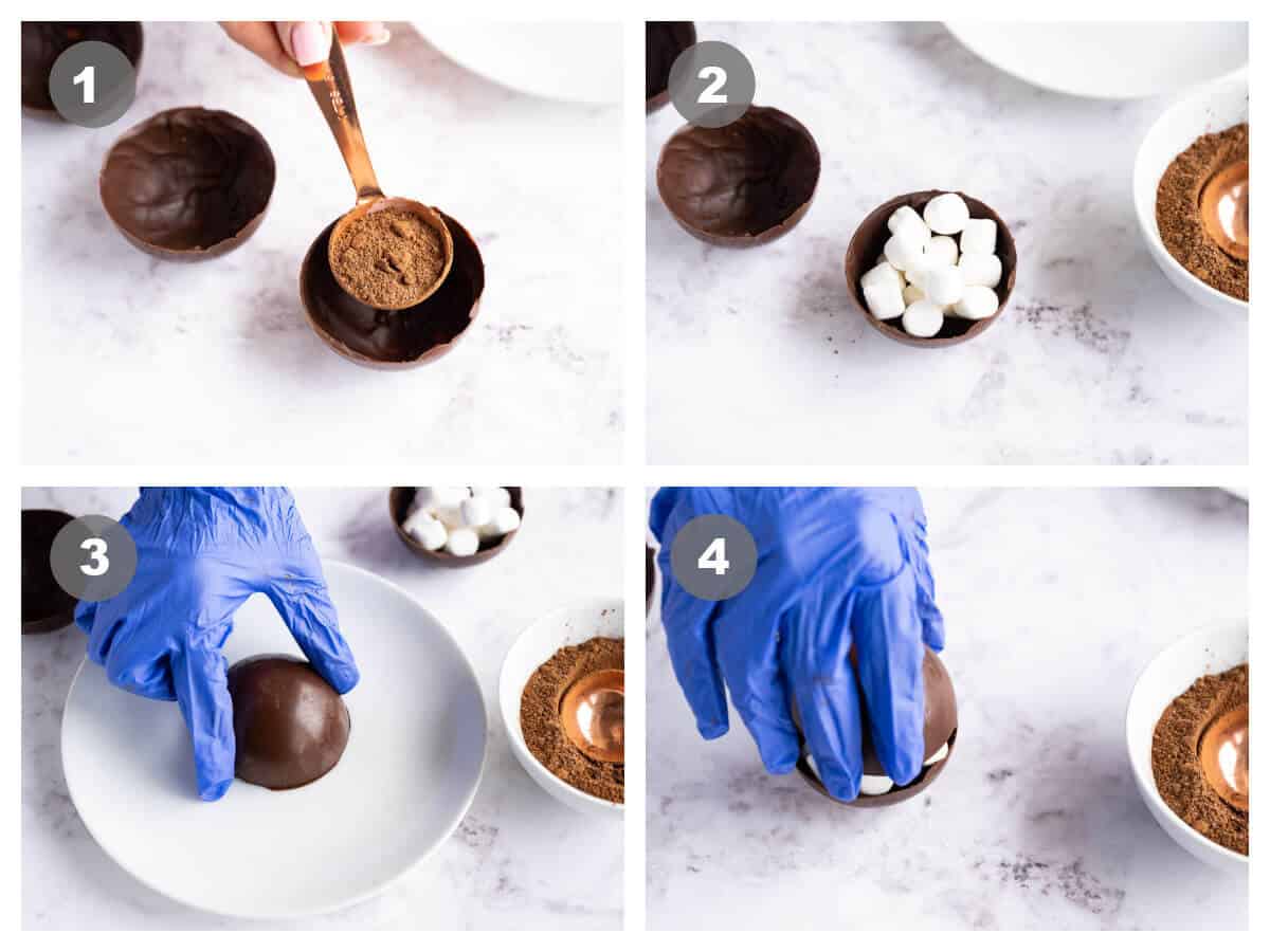 collage of 4 photos that show how to fill and seal hot cocoa bombs, add hot cocoa and marshmallows, melt edges, seal