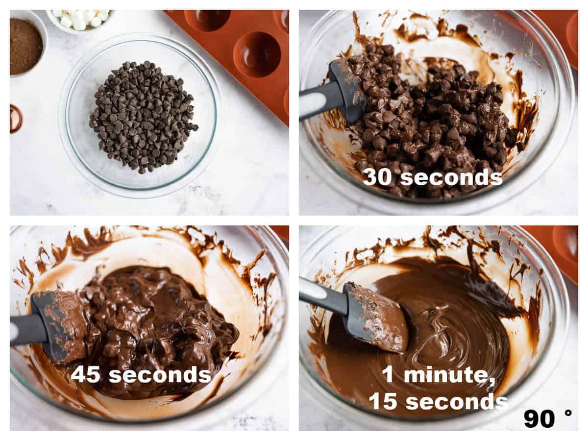 collage of 4 photos showing steps to tempering chocolate: solid, after 30 seconds, after 45 seconds, and after 1 minute and 15 seconds and at 90 degrees.