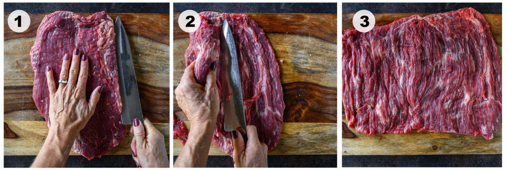 collage of 3 photos showing how to butterfly flank steak (slice horizontally)