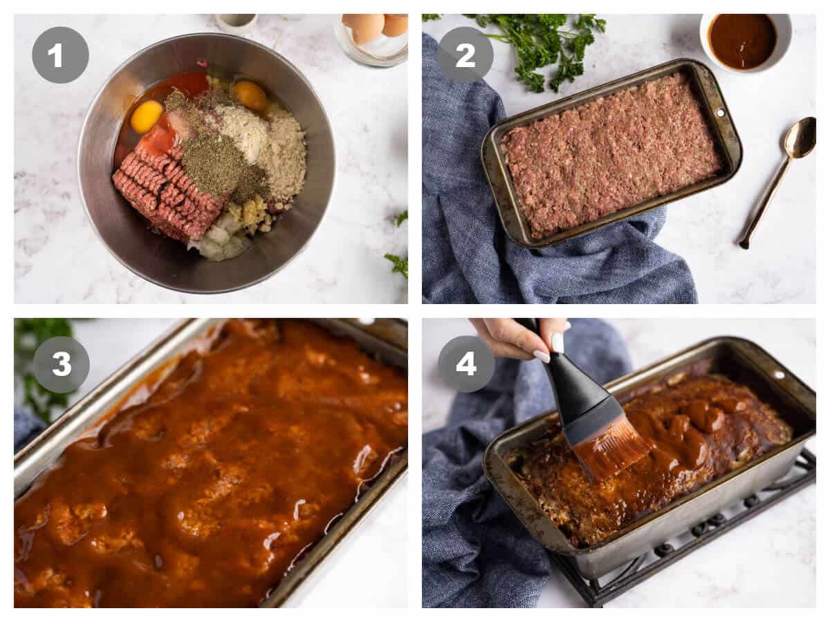 collage of 4 photos showing the steps of making meatloaf, combining ingredients, filling the loaf pan, glazing with sauce at the beginning and midway through baking