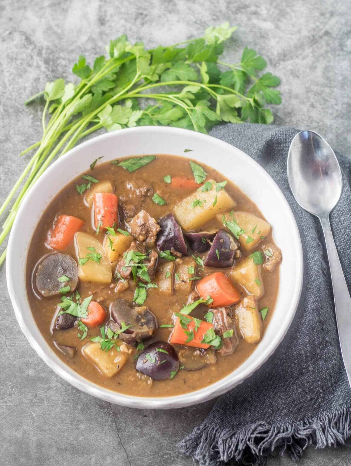 white bowl full of Irish stew and root vegetables
