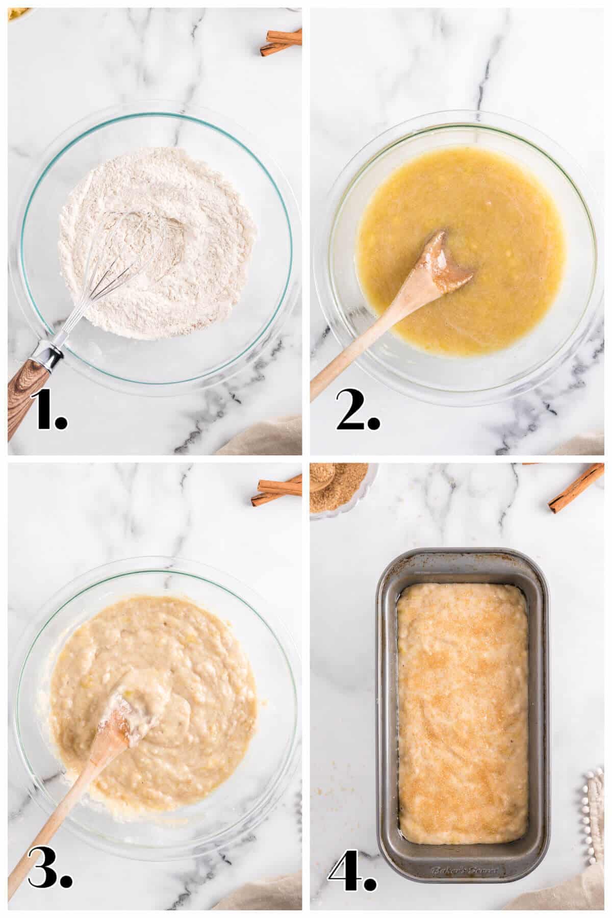 4-picture collage showing steps to making banana bread