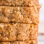 Close up of lined up slices of eggless banana bread.