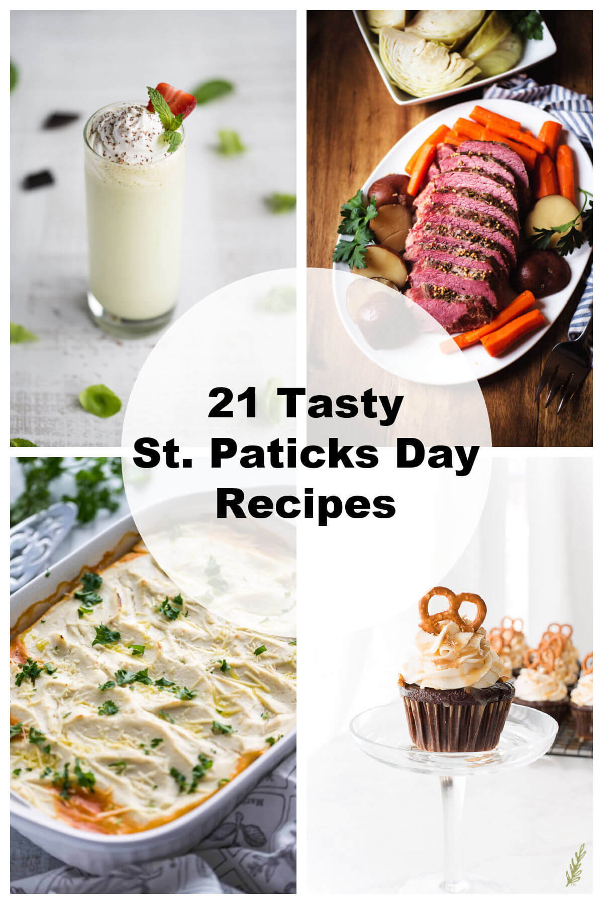 collage of 4 photos showing st. patricks day recipes: shamrock shake, corned beef, cottage pie, and chocolate stout cupcakes