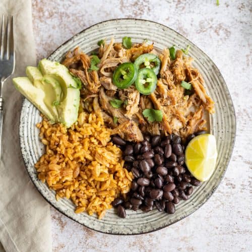 plate of homemade pork carnitas served with rice and beans