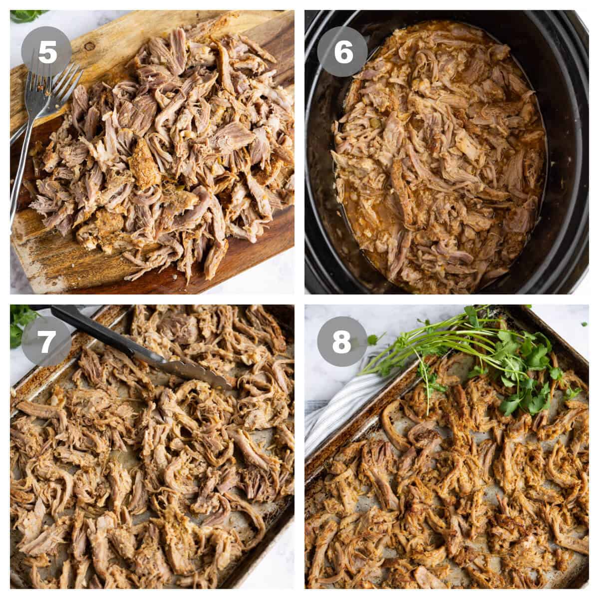 collage of 4 photos showing how to finish carnitas after slow cooking