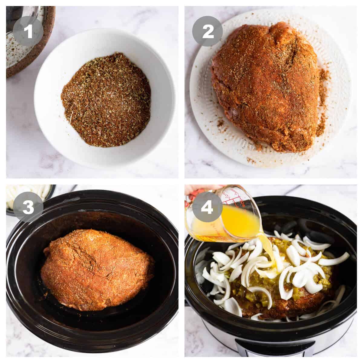 collage of 4 photos showing how to prepare pork for carnitas