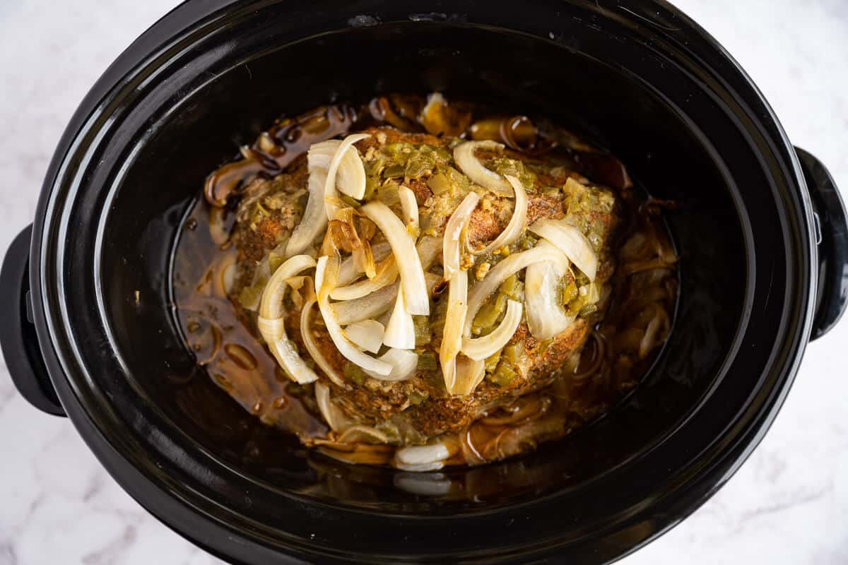 cooked pork shoulder in the crockpot after 10 hours