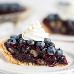 blueberry pie with graham cracker crust on a white plate topped with whipped cream