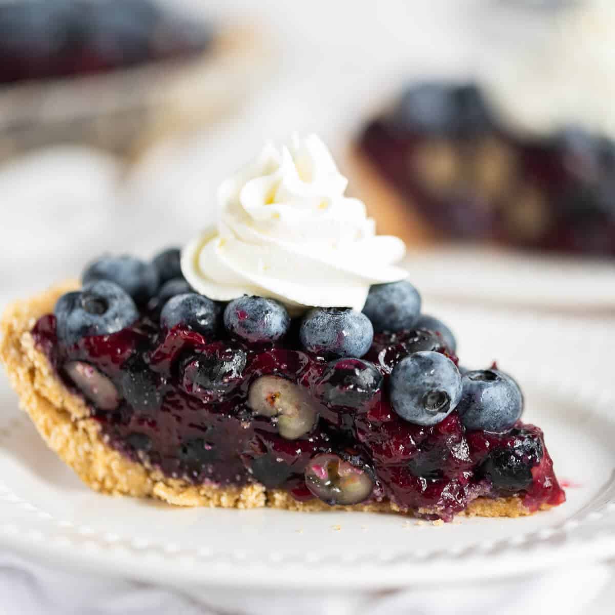1 slice of fresh blueberry pie topped with homemade whipped cream