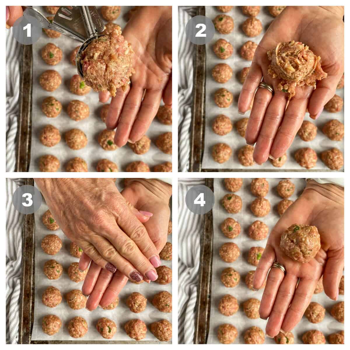 4 image collage showing tips on how to roll a meatball