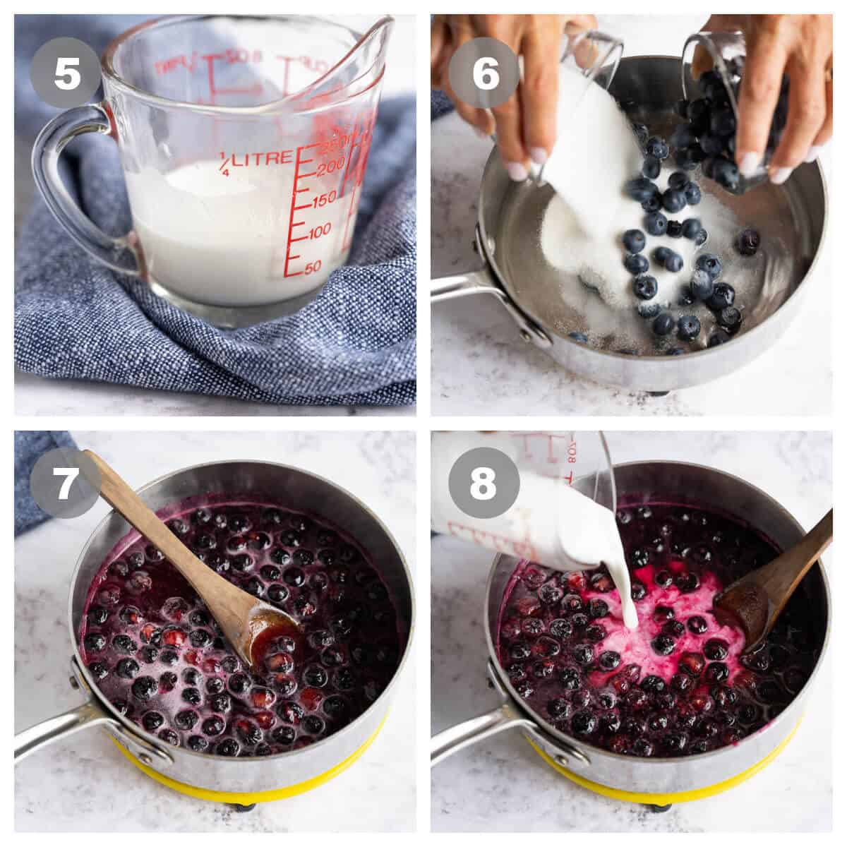 4 picture collage with steps to make blueberry pie filling
