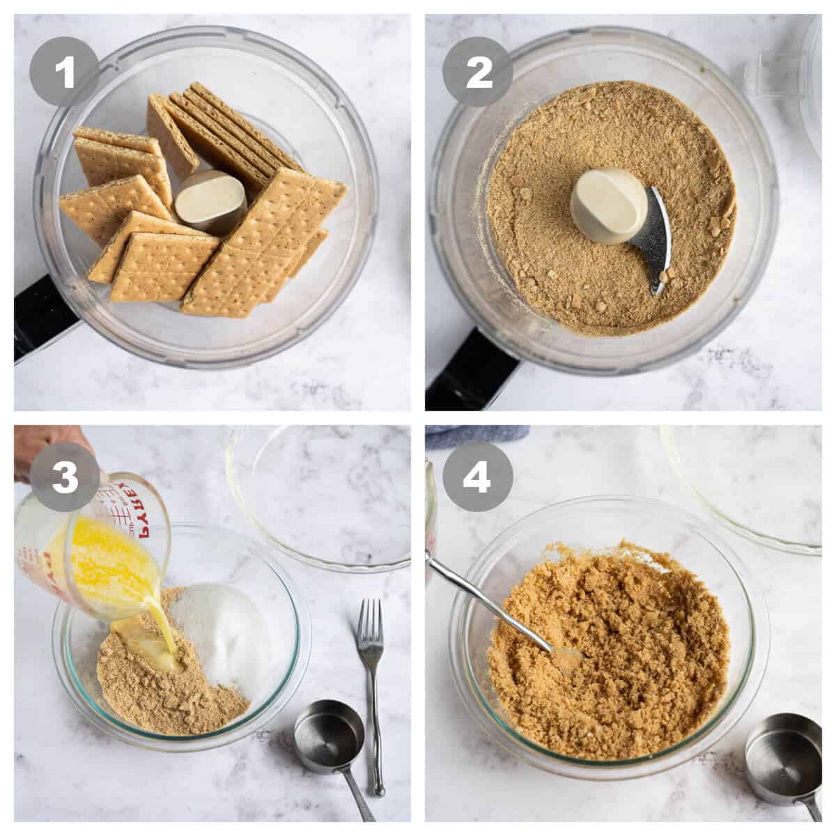 4 picture collage with instructions for making a graham cracker crust