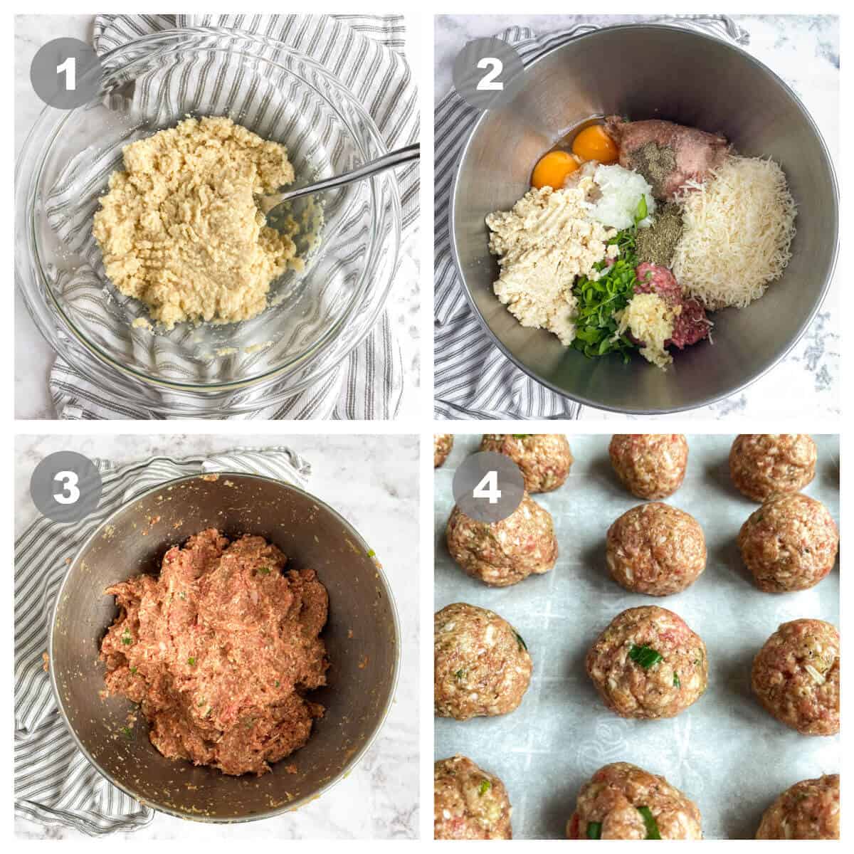 4 picture collage with steps to making meat mixture for meatballs.