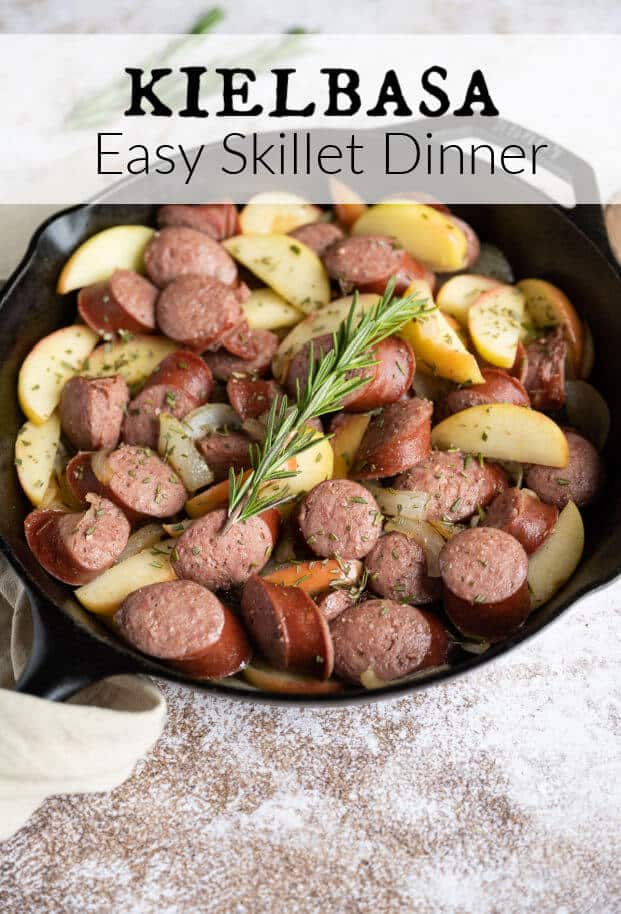 When the weather begins to turn and one-skillet meals are back on the menu, I absolutely recommend my Kielbasa Skillet recipe! If you are looking for a recipe that is flavorful, quick to make, and totally customizable, this is the perfect one.  This one-pan kielbasa dinner with apples and onions is packed with savory goodness, natural ingredients, and only 20 minutes total! via @artfrommytable