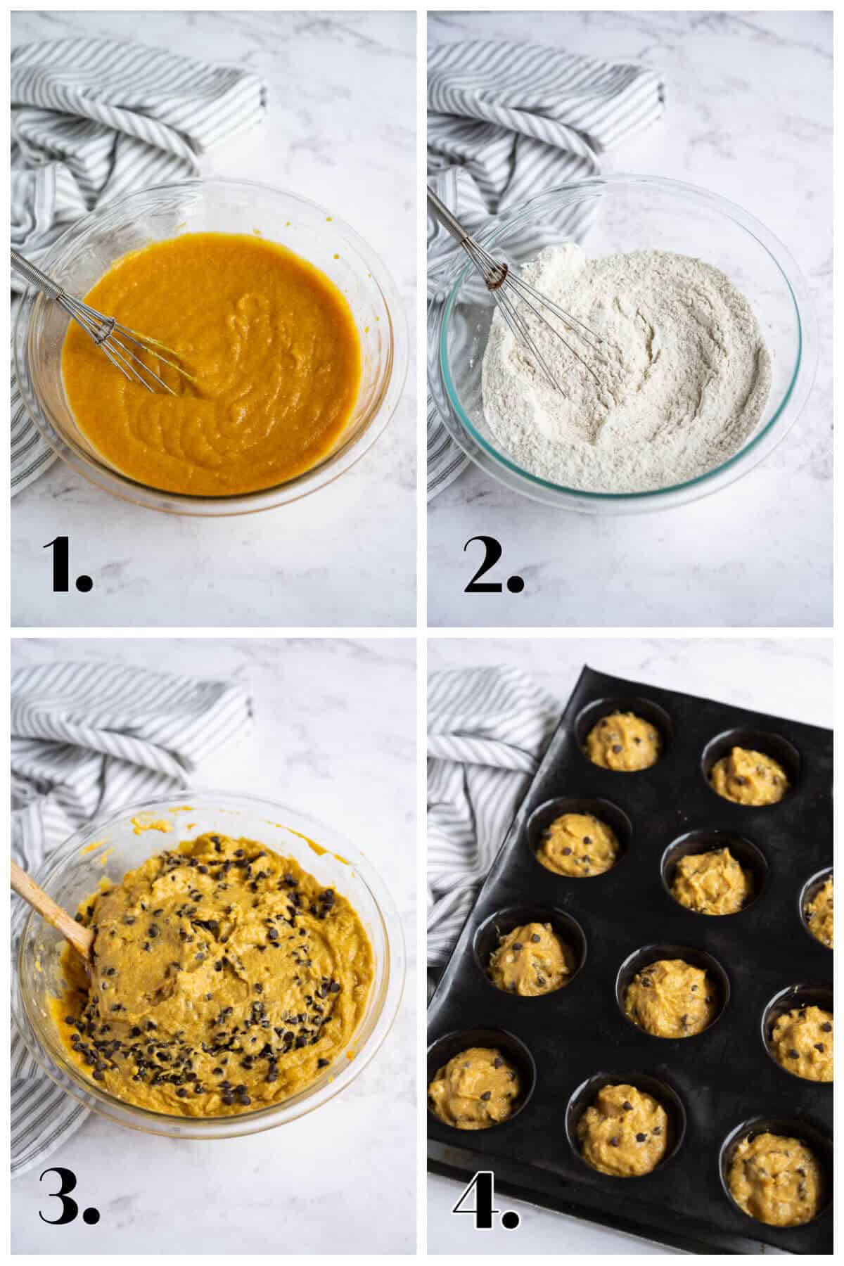 4 image collage showing steps to make pumpkin muffins.