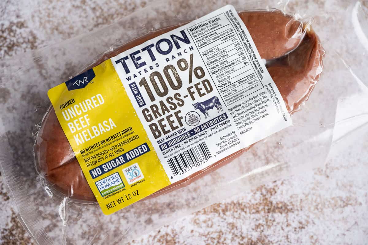 Packaged uncured, grass-fed, beef kielbasa by Teton Water's ranch