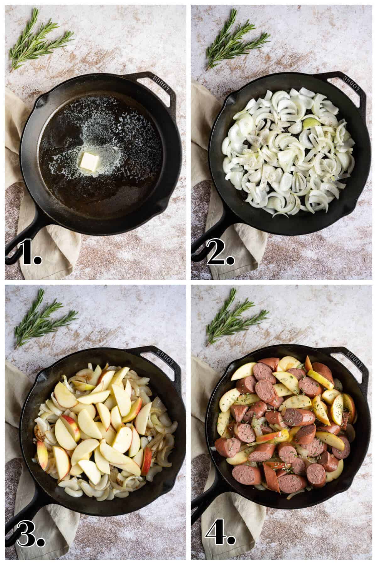 4 image collage showing steps to making kielbasa on the stove with apples and onions.