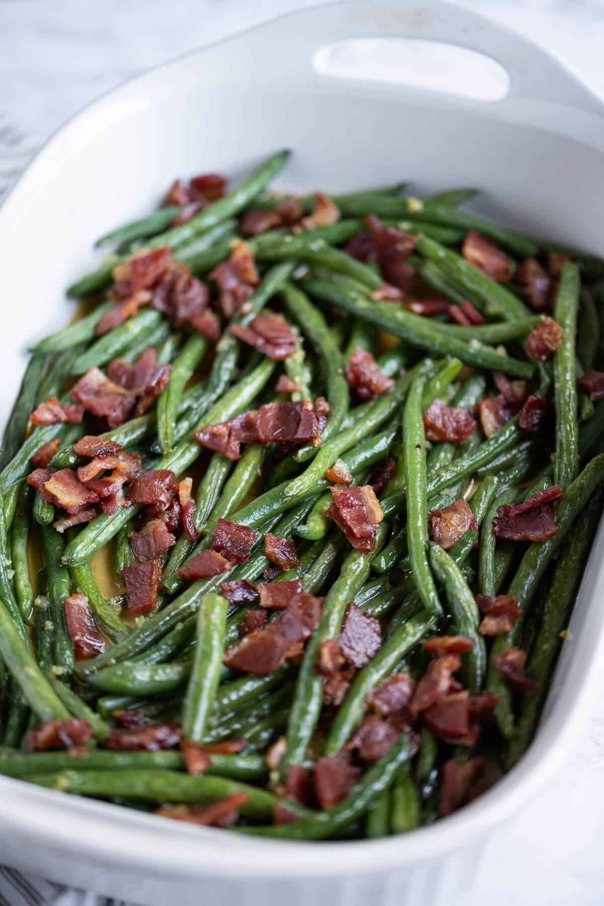 Arkansas Green Beans in a casserole dish.