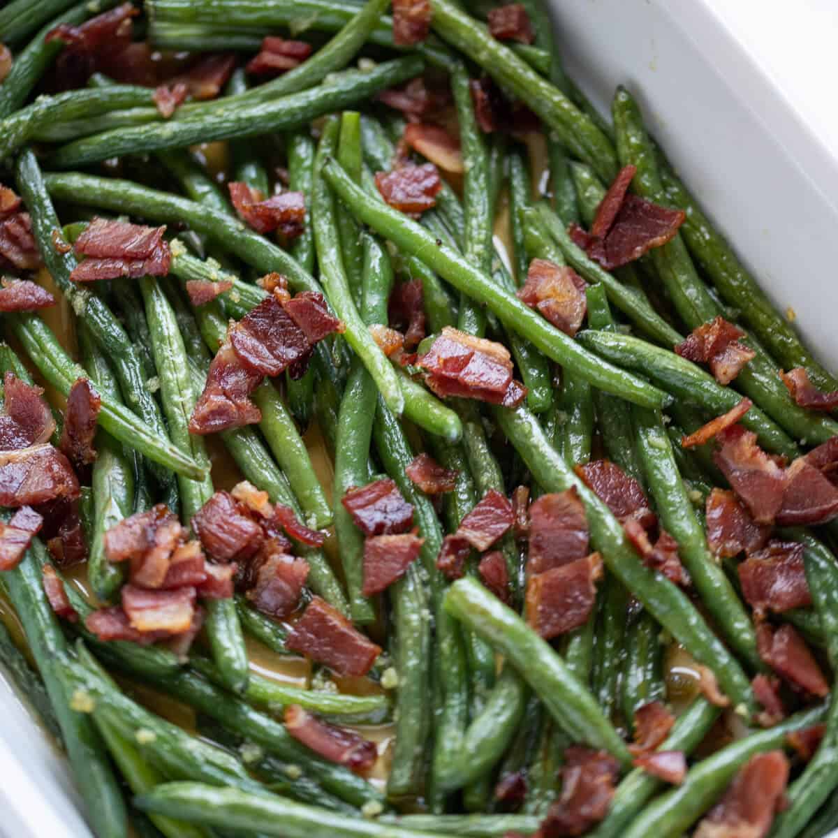 Arkansas Green Beans in a white casserole dish