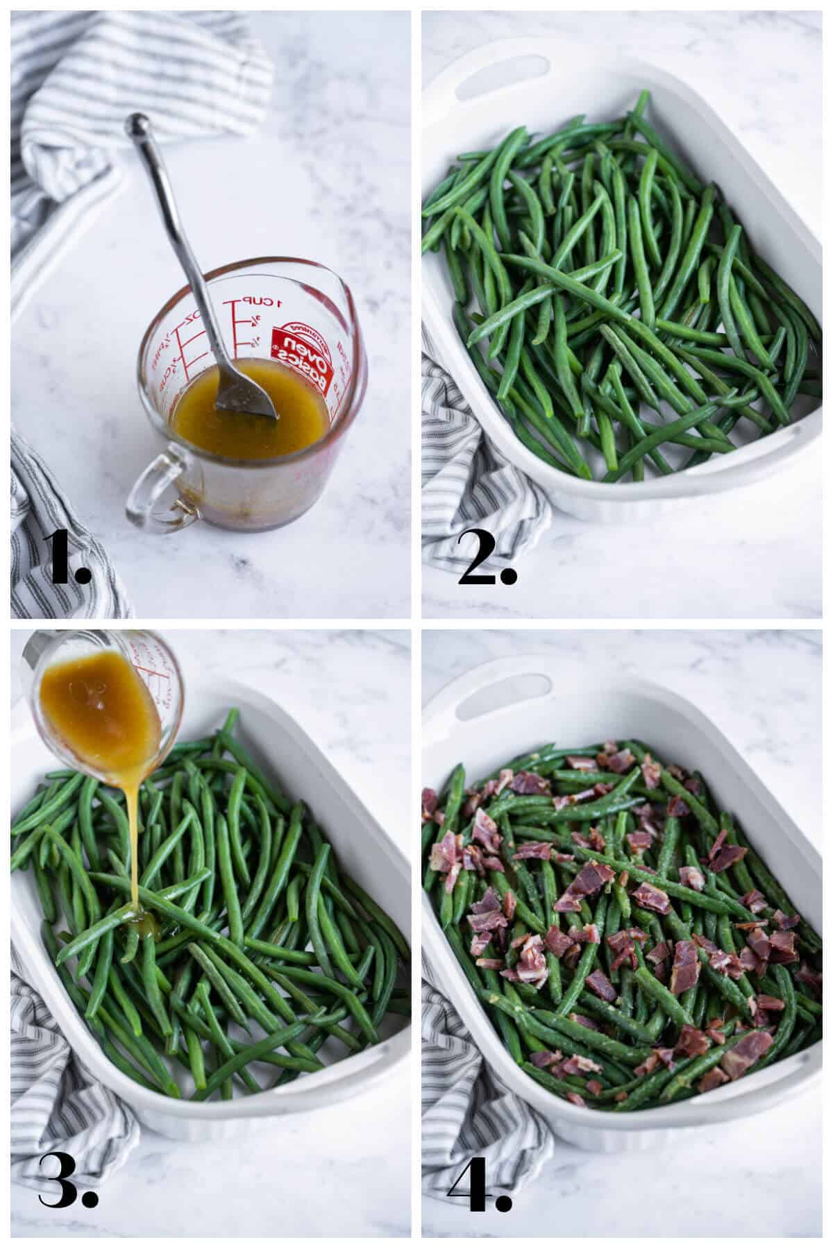 four image collage showing how to assemble Arkansas Green Beans recipe.