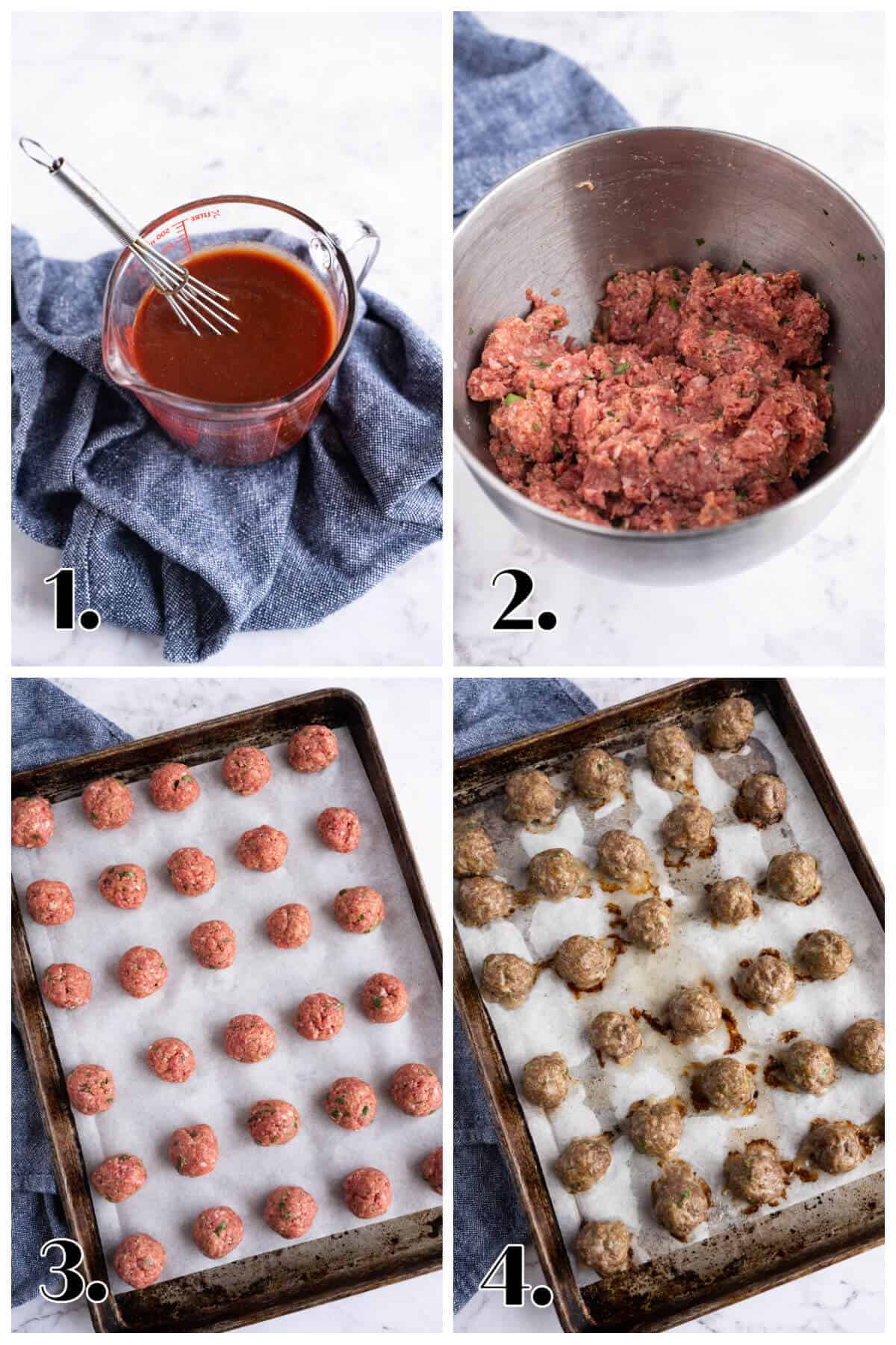 Four image collage showing how to make homemade meatballs with BBQ sauce.