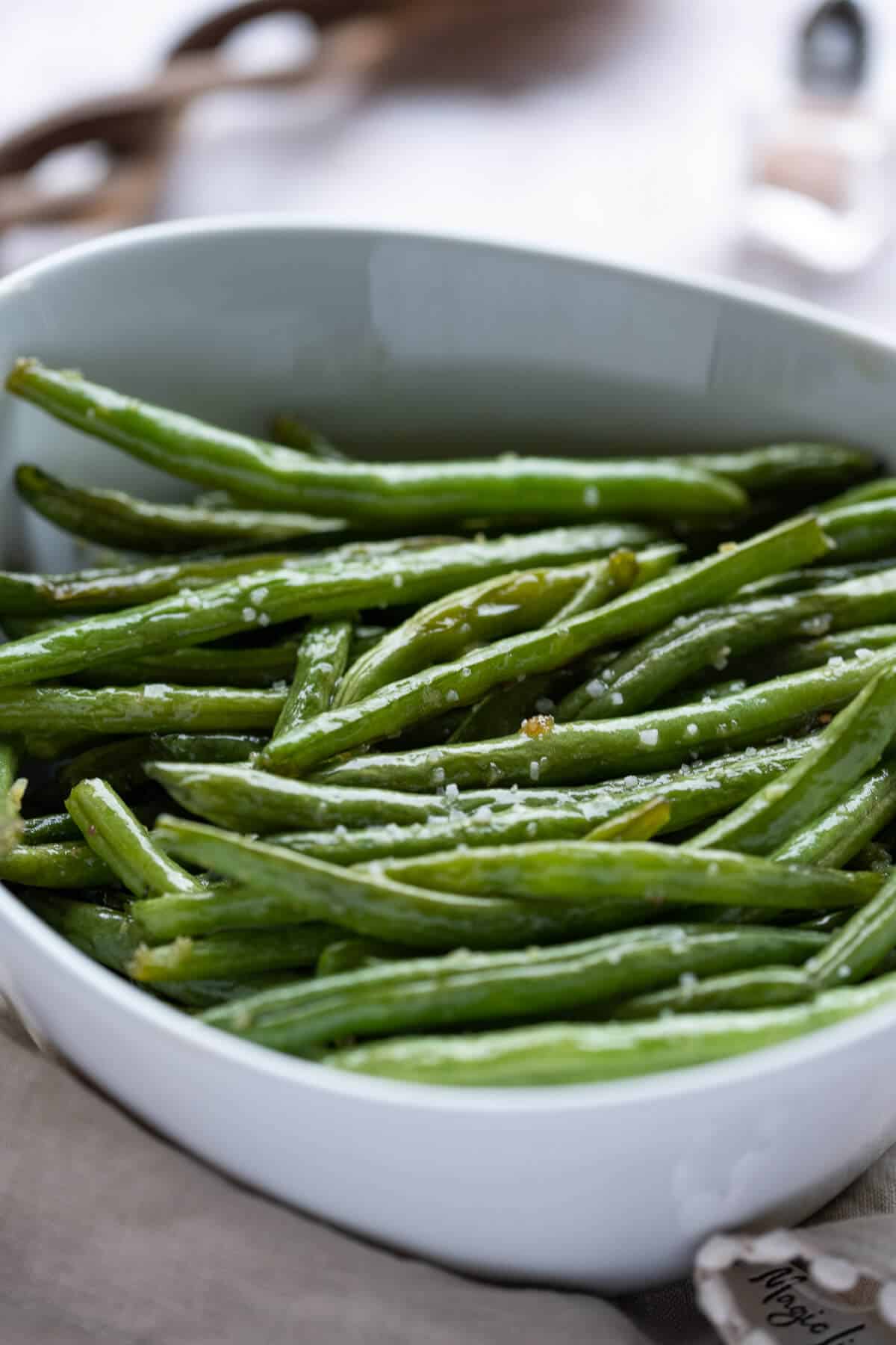 Garlic Butter Green Beans in a white serving bowl.