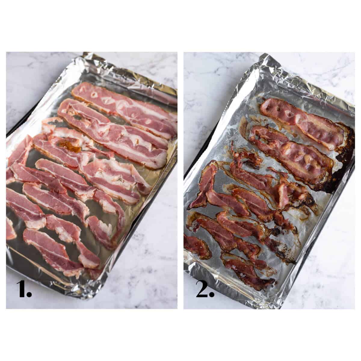 two image collage showing before and after cooking bacon in the oven.