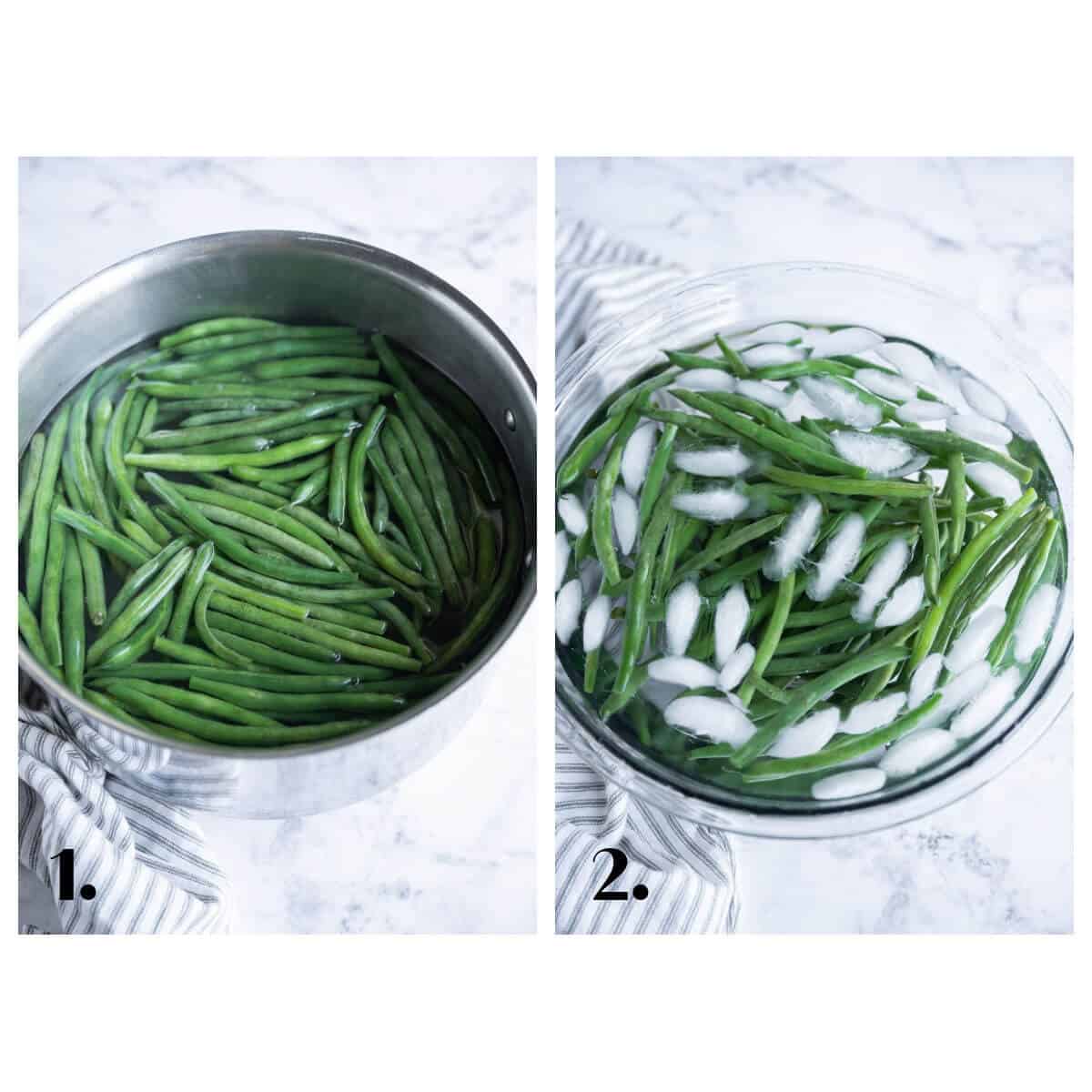 Two picture collage showing how to blanch green beans; step one boil, step two ice bath.