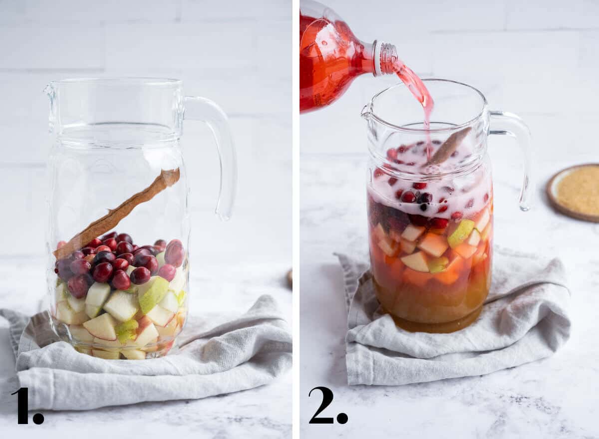 2 image collage. step one add fruit and cinnamon, step 2 add cider and gingerale