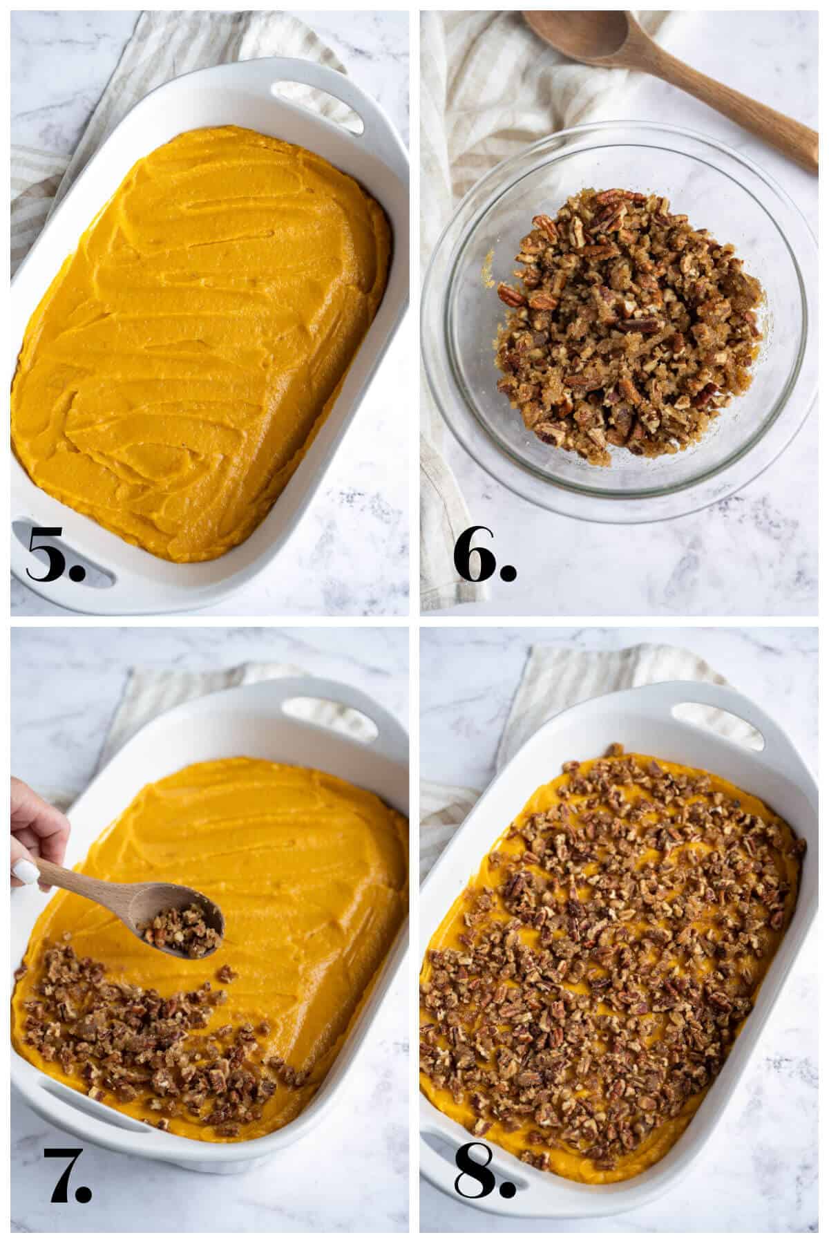 4-image collage showing how to assemble sweet potato casserole.